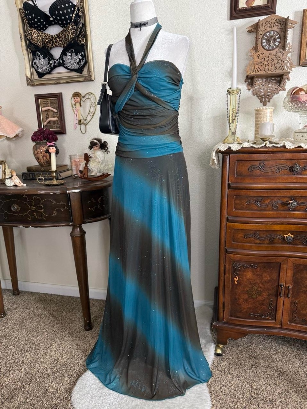 Y2k whimsical fairy grunge brown and teal blue sparkly glitter mesh halter maxi - Picture 3 of 6